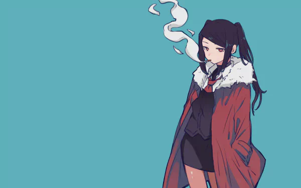 HD desktop wallpaper of Julianne Stingray from the video game VA-11 Hall-A: Cyberpunk Bartender Action. She stands with a confident pose, wearing a red coat and smoking a cigarette against a light blue background.