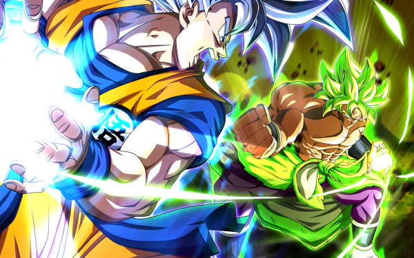 HD desktop wallpaper featuring Broly and Goku from Dragon Ball Super: Broly anime, showcasing an intense battle scene in vibrant colors.