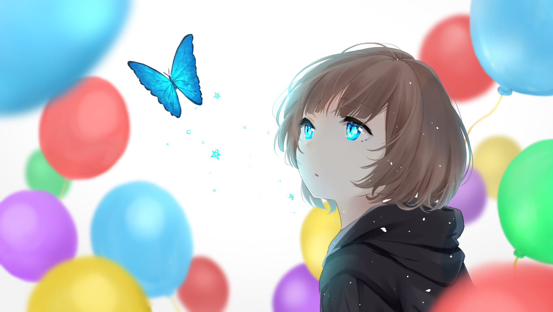 Anime-style 4K Ultra HD desktop wallpaper featuring a short brown-haired character with striking blue eyes in a hoodie, surrounded by colorful balloons and a vibrant blue butterfly.