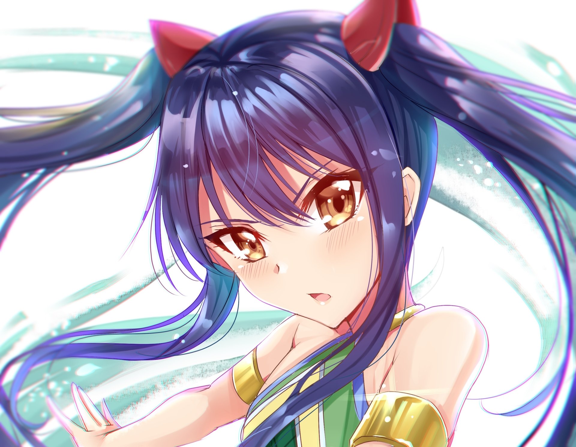 HD anime desktop wallpaper featuring Wendy Marvell from Fairy Tail with flowing dark blue hair and vibrant golden eyes, showcasing detailed art and dynamic colors.
