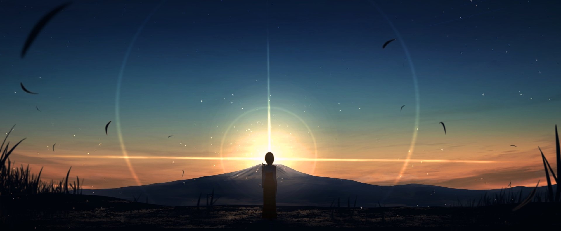 HD anime landscape wallpaper featuring a serene sunset behind a mountain with a silhouetted figure, glowing light, and birds flying in the sky.