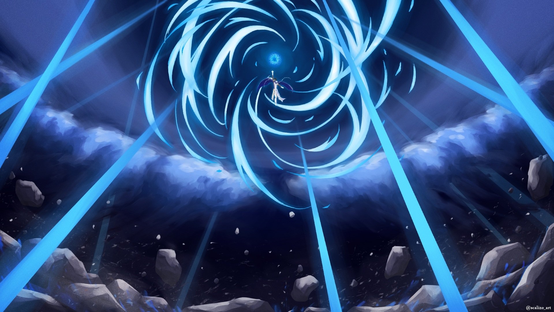 Arjuna from Fate/Grand Order unleashing a swirling blue energy attack in an anime-style HD desktop wallpaper.