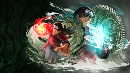 HD desktop wallpaper featuring Hashirama Senju from the anime Naruto, depicted in armor with vibrant red and blue energy effects in a dynamic, forested background.