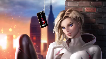 HD desktop wallpaper featuring Spider-Gwen with blonde short hair and blue eyes, leaning against a brick wall in front of a cityscape.