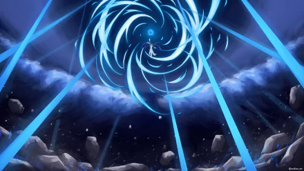 Arjuna from Fate/Grand Order unleashing a swirling blue energy attack in an anime-style HD desktop wallpaper.