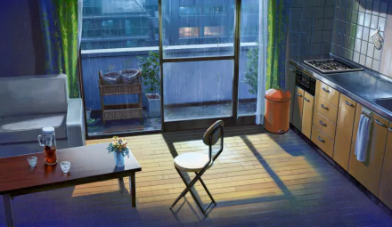 HD PC desktop wallpaper from the anime The Garden of Words, depicting a sunlit, cozy kitchen with a chair, table, and large window overlooking a cityscape.