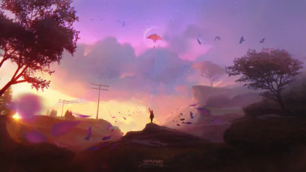 HD desktop wallpaper depicting a fantasy landscape with a person flying a kite at sunset, surrounded by trees and birds in the sky.