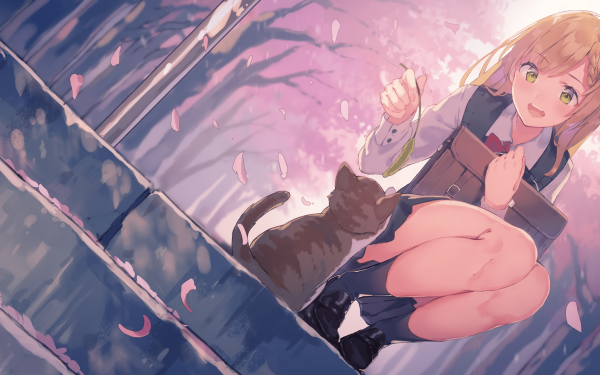 Anime Girl Cat Sakura HD Wallpaper | Background Image