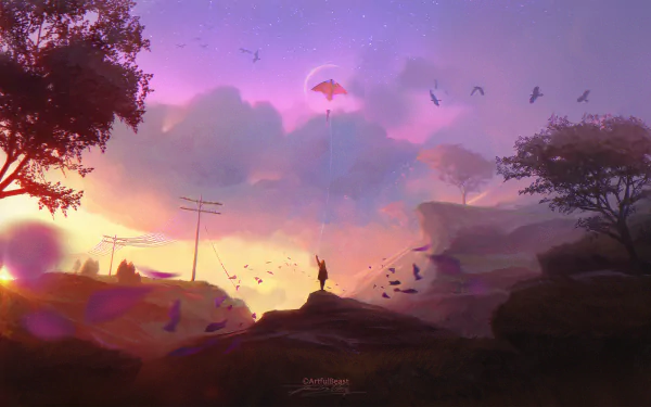 HD desktop wallpaper depicting a fantasy landscape with a person flying a kite at sunset, surrounded by trees and birds in the sky.