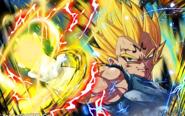 HD desktop wallpaper featuring Majin Vegeta in his Super Saiyan form from Dragon Ball Z, surrounded by electric energy and vibrant anime-style effects.