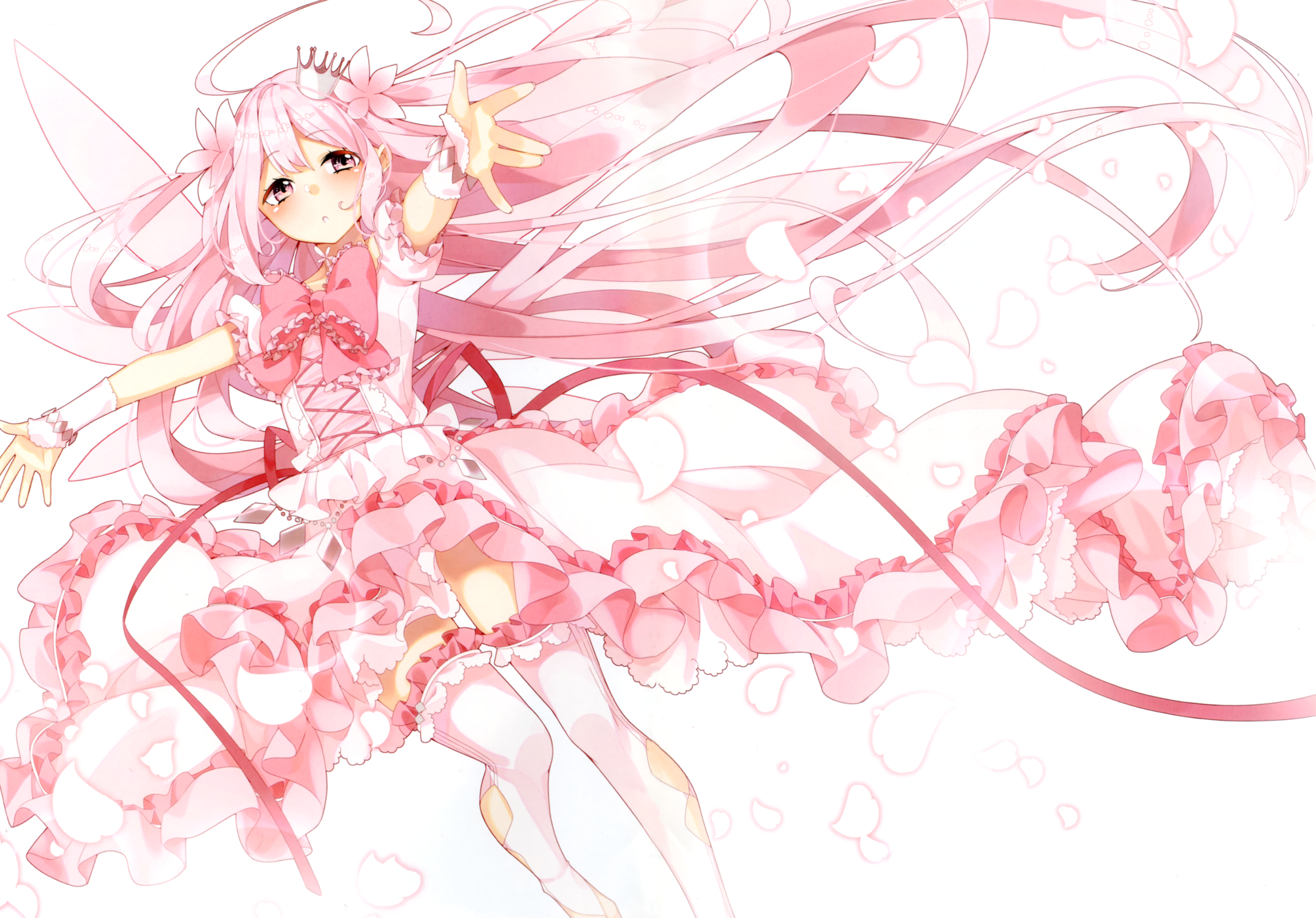 Anime-style original character with long pink hair and a frilly pink dress, set against a light background. 4K Ultra HD PC desktop wallpaper and background.
