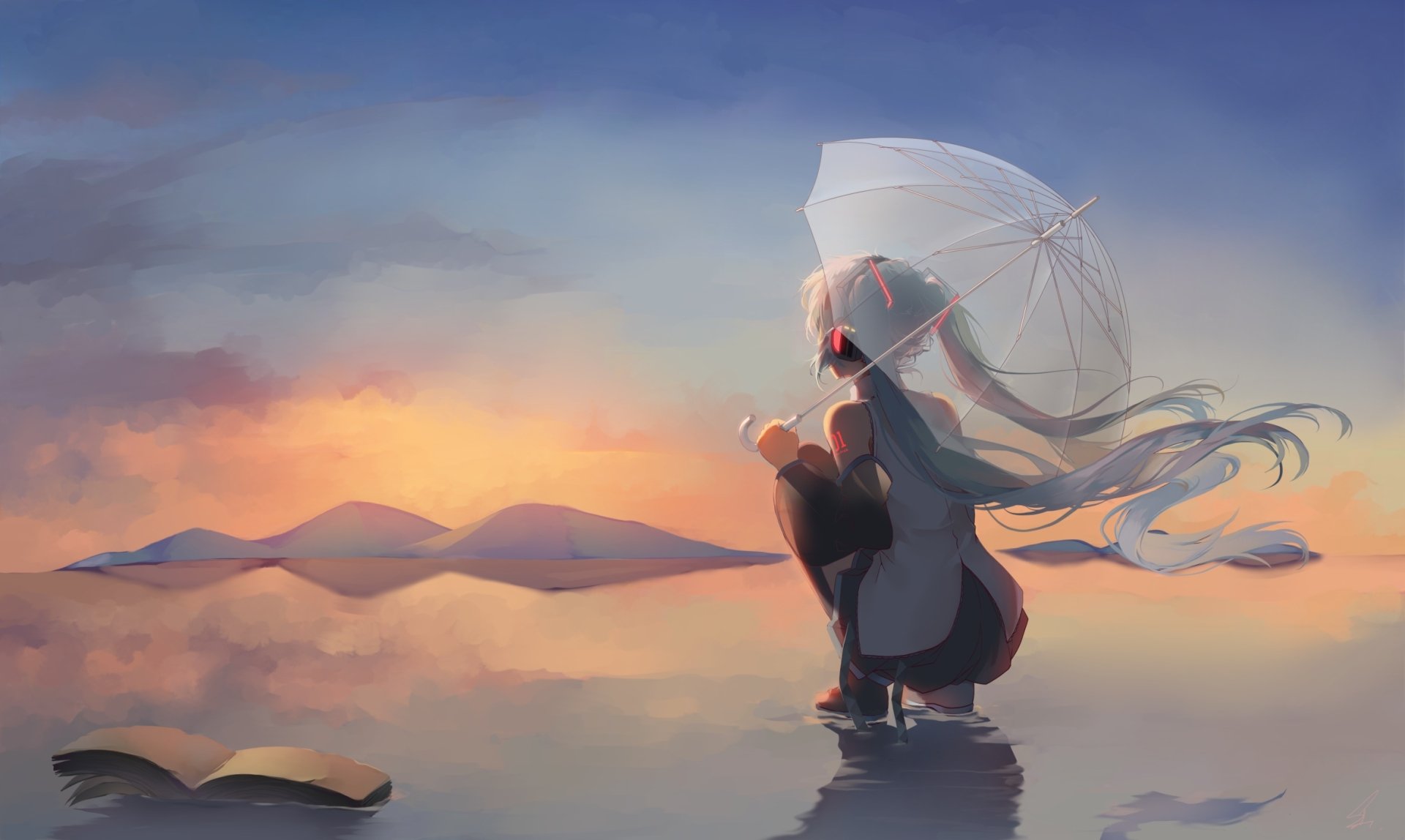 HD anime desktop wallpaper featuring Hatsune Miku from Vocaloid, holding a white umbrella with flowing hair against a serene sunset over water and distant mountains.