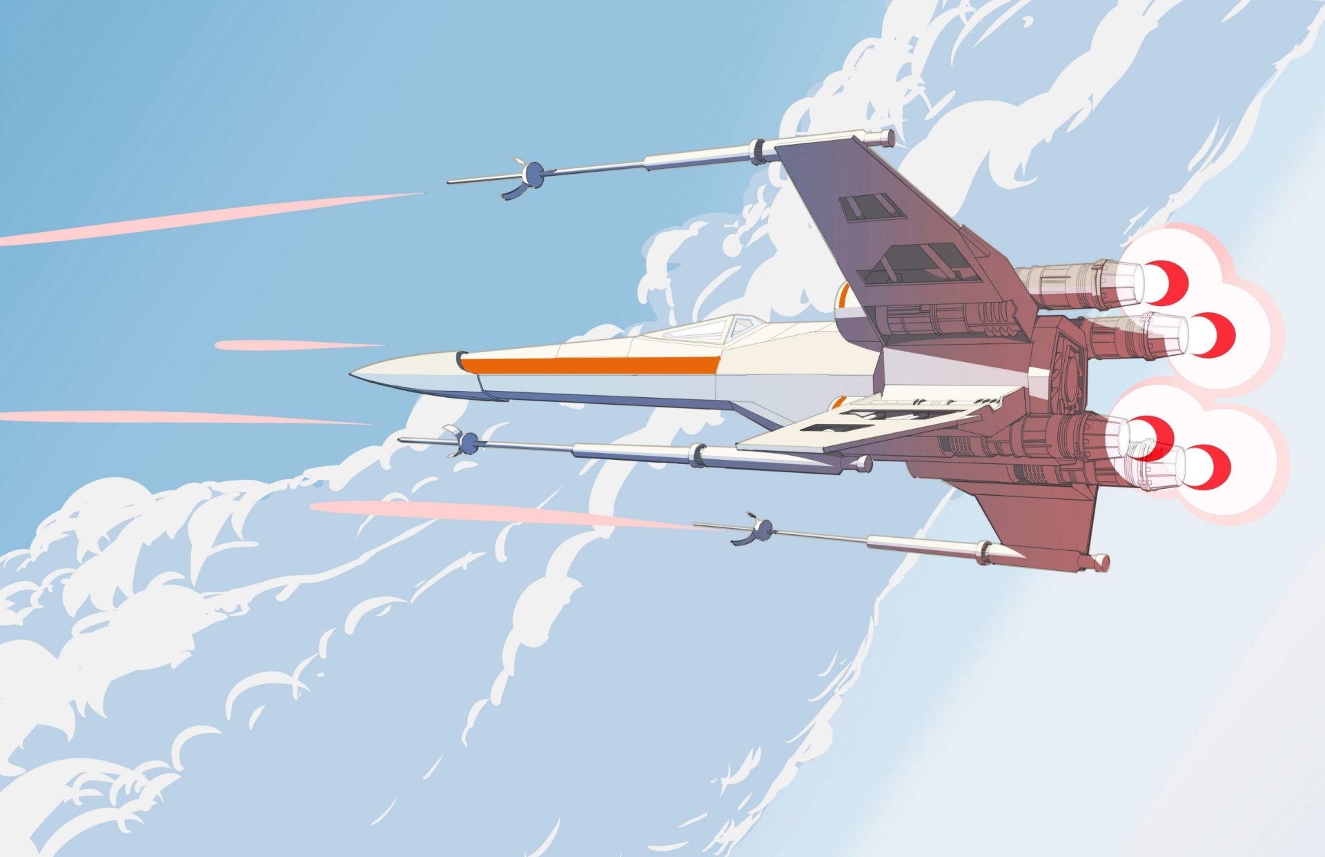 HD PC desktop wallpaper featuring a dynamic Star Wars X-Wing fighter soaring through a bright, cloudy sci-fi sky.
