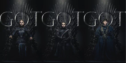 4K Ultra HD Game of Thrones wallpaper featuring Arya Stark, Sansa Stark, and Bran Stark seated on Iron Thrones, portrayed by Maisie Williams, Sophie Turner, and Isaac Hempstead-Wright.