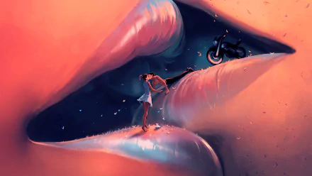 HD fantasy desktop wallpaper featuring a close-up of lips with a kissing couple inside, symbolizing love and intimacy in a surreal, artistic style.