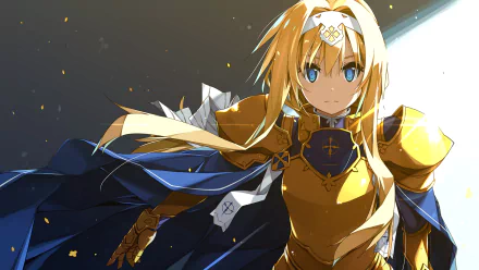 HD anime desktop wallpaper featuring Alice Zuberg from Sword Art Online: Alicization in golden armor with a determined expression and flowing cape.