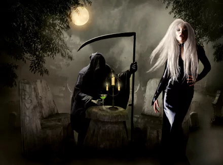 Dark HD PC desktop wallpaper/background: grim reaper in a hooded cloak with scythe seated at a candlelit grave table under a full moon, pale woman in black gown among tombstones.
