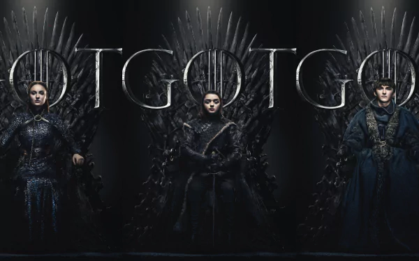 4K Ultra HD Game of Thrones wallpaper featuring Arya Stark, Sansa Stark, and Bran Stark seated on Iron Thrones, portrayed by Maisie Williams, Sophie Turner, and Isaac Hempstead-Wright.