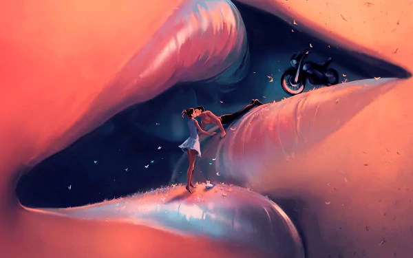 HD fantasy desktop wallpaper featuring a close-up of lips with a kissing couple inside, symbolizing love and intimacy in a surreal, artistic style.