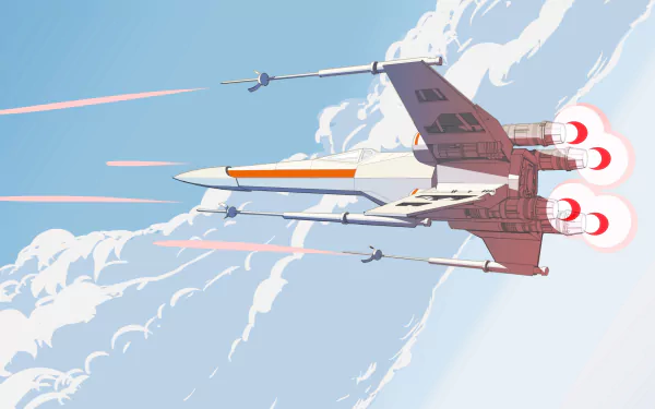 HD PC desktop wallpaper featuring a dynamic Star Wars X-Wing fighter soaring through a bright, cloudy sci-fi sky.