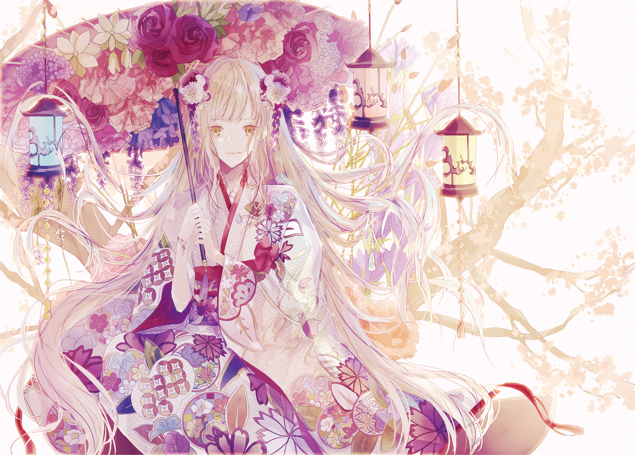 Download Lantern Flower Yellow Eyes Blonde Long Hair Kimono Parasol