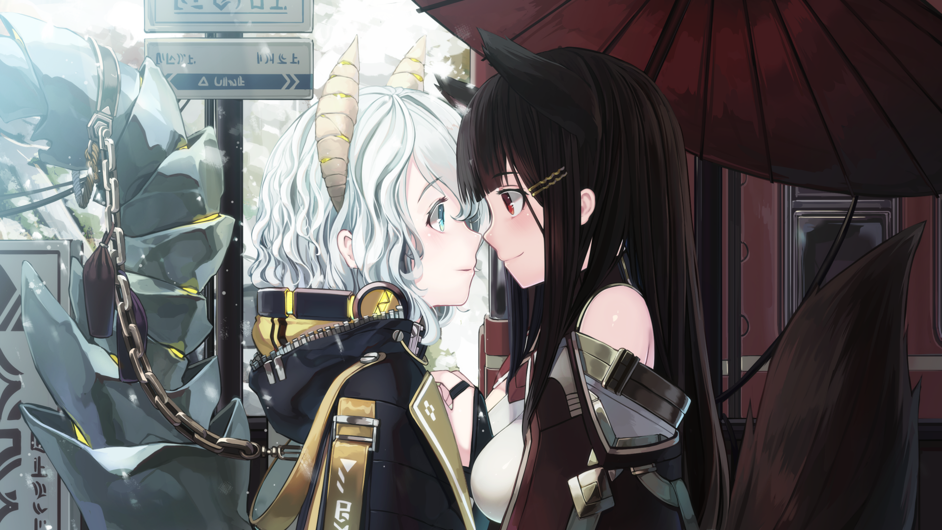 Anime style HD wallpaper featuring two characters with contrasting features: one with white hair, blue eyes, and horns, and the other with black hair, red eyes, under an umbrella.