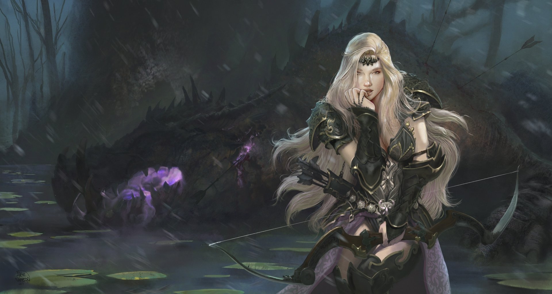 HD fantasy desktop wallpaper depicting a blonde woman warrior with long hair, dressed in armor, poised with a bow in a dark, mystical forest setting.