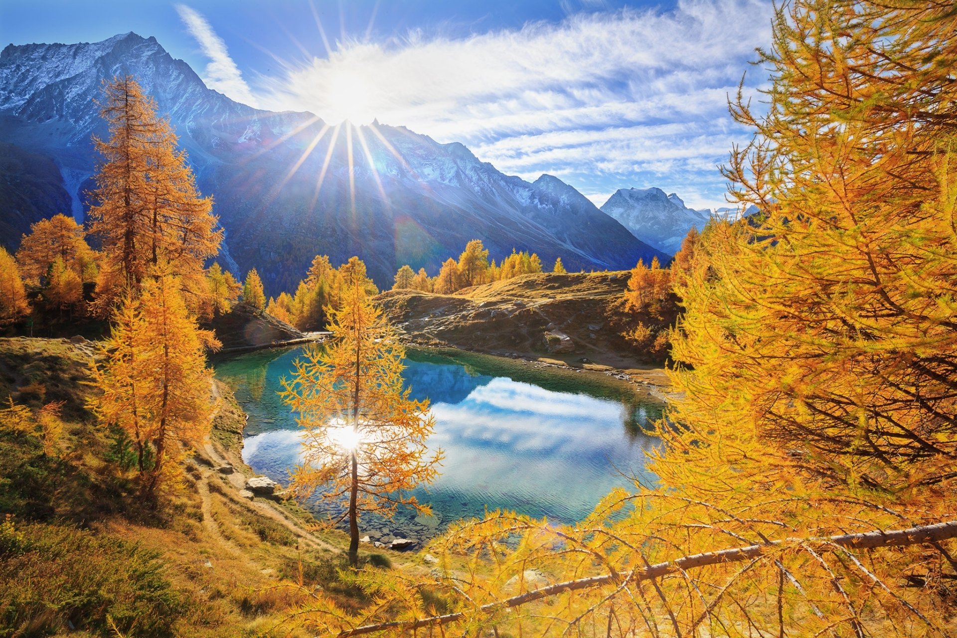 Download Sunbeam Mountain Fall Nature Lake HD Wallpaper