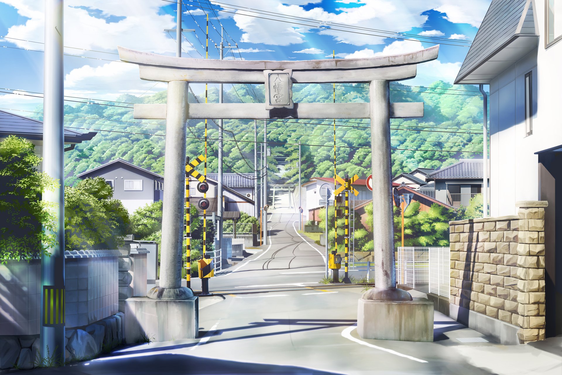 An HD anime-themed desktop wallpaper featuring a serene Japanese street scene with a traditional torii gate in the foreground and lush green hills in the background under a clear blue sky.