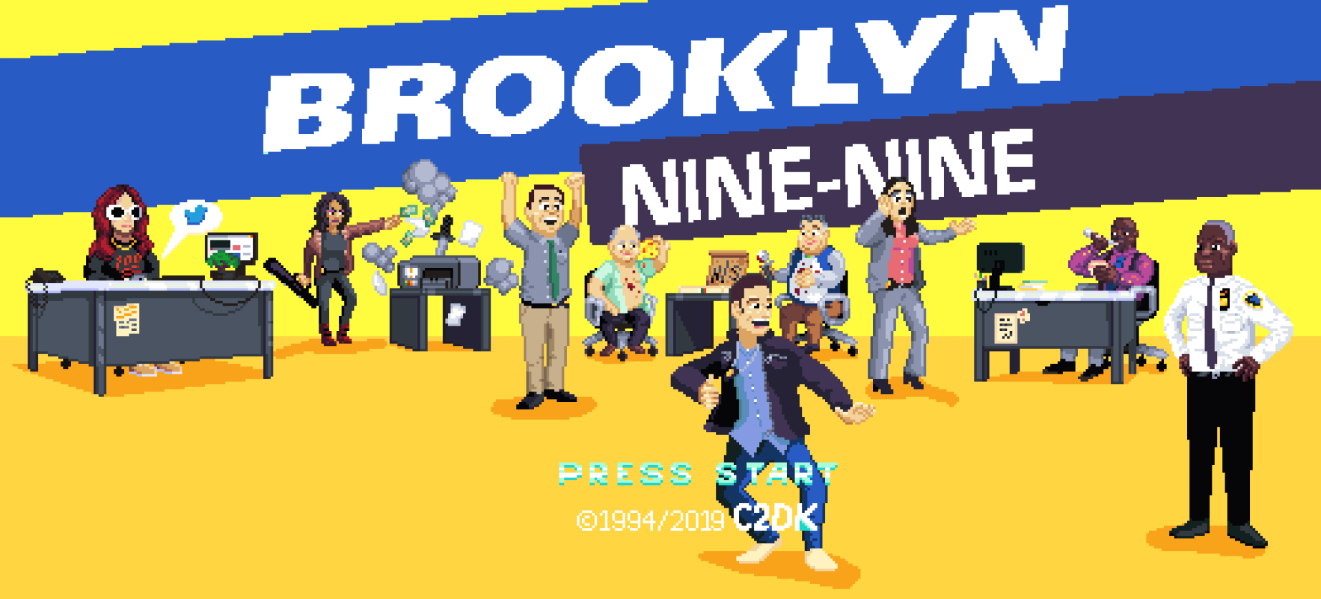 HD PC desktop wallpaper featuring pixel art characters from the TV show Brooklyn Nine-Nine with a bright yellow background and bold title text.