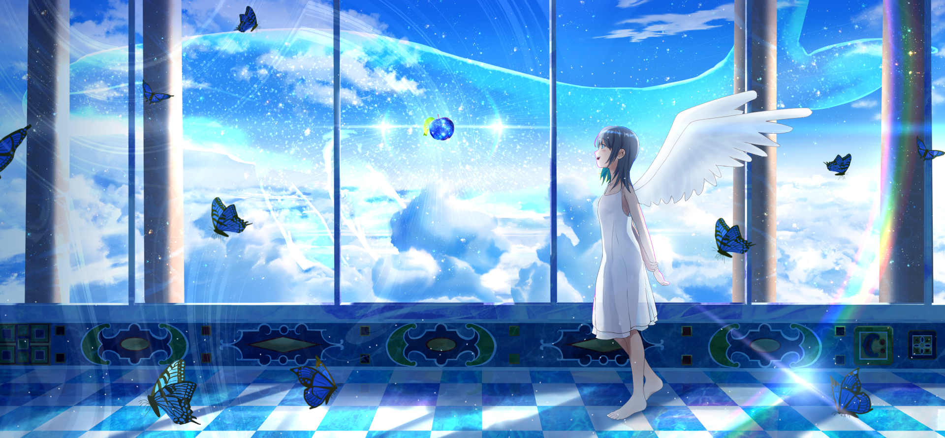 Anime angel with black hair and blue eyes stands barefoot by a large window, surrounded by butterflies and overlooking a bright sky with a whale and a rainbow in 4K Ultra HD detail.