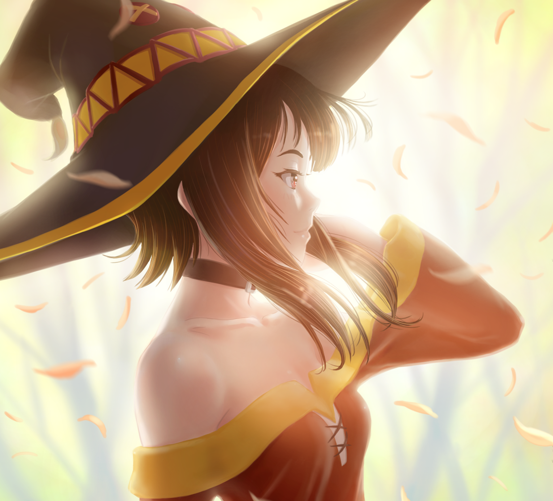 Anime HD PC desktop wallpaper: Megumin (KonoSuba) from KonoSuba - God’s blessing on this wonderful world!!, side profile in witch hat bathed in golden light and falling petals.