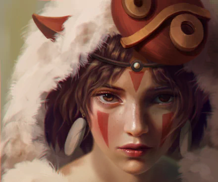 A high-definition desktop wallpaper featuring an anime-style character from Princess Mononoke. The character has brown eyes and a focused stare, with detailed facial markings and intricate headgear.