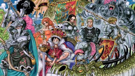 HD anime desktop wallpaper featuring vibrant One Piece characters in detailed armor with a dragon and mechanical creatures, showcasing a dynamic fantasy battle scene.