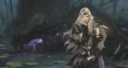 HD fantasy desktop wallpaper depicting a blonde woman warrior with long hair, dressed in armor, poised with a bow in a dark, mystical forest setting.