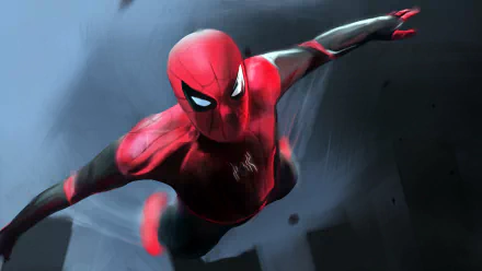 Spider-Man in his red and black suit from Spider-Man: Far From Home, captured mid-air in a dynamic pose, shown in a 4K Ultra HD PC desktop wallpaper.