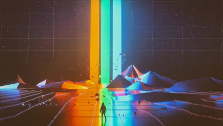 HD PC desktop wallpaper featuring a futuristic, colorful landscape with neon light beams and geometric shapes, inspired by the music and style of Imagine Dragons.