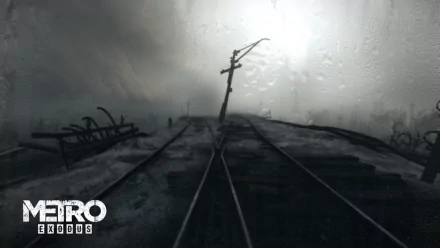 Apocalyptic scene from the video game Metro Exodus showing foggy, rain-soaked train tracks stretching into a bleak, desolate landscape in an HD PC desktop wallpaper.