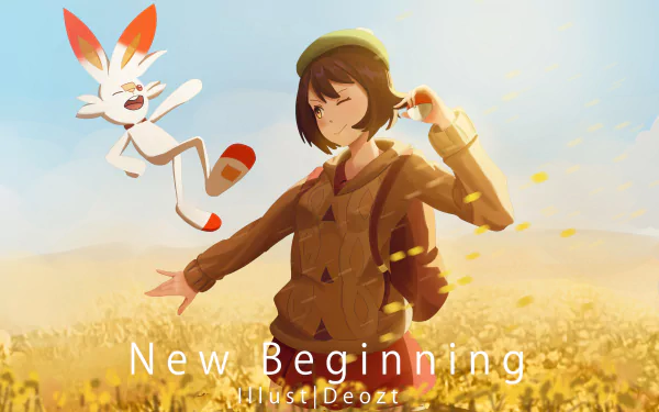 HD desktop wallpaper featuring Gloria and Scorbunny from Pokémon: Sword and Shield, joyfully set against a sunny, floral backdrop with the text New Beginning.