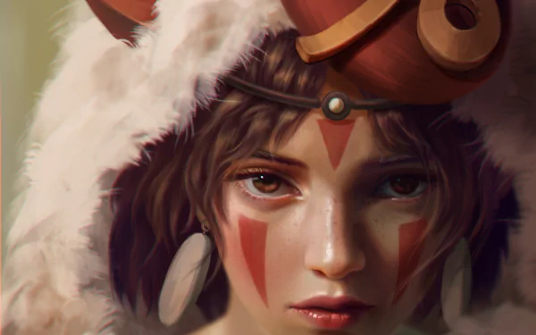 A high-definition desktop wallpaper featuring an anime-style character from Princess Mononoke. The character has brown eyes and a focused stare, with detailed facial markings and intricate headgear.