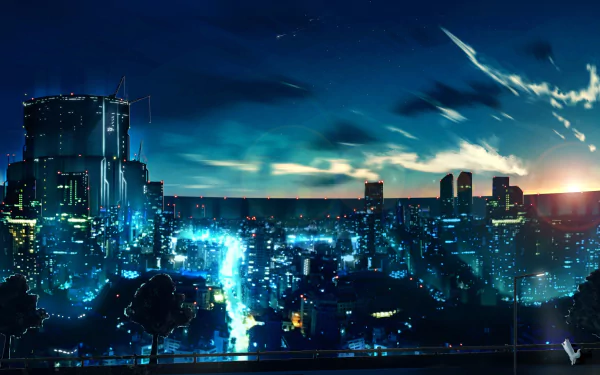 HD anime cityscape from Fate/Grand Order: Cosmos in the Lostbelt, showcasing a vibrant night skyline with glowing buildings, designed as a PC desktop wallpaper.