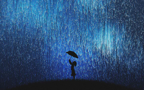 Fantasy-themed HD PC desktop wallpaper depicting a silhouette holding an umbrella under a cascading dreamy blue rain against a dark night sky background.