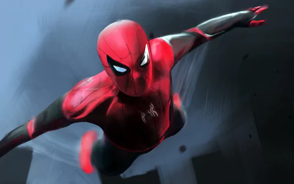 Spider-Man swinging through the city in a high-definition desktop wallpaper for Spider-Man: Far From Home movie fans.