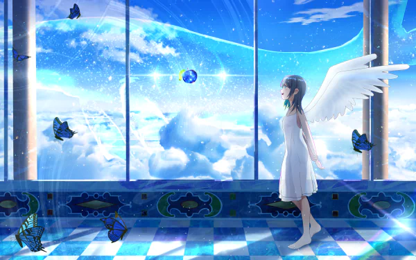 Anime angel with black hair and blue eyes stands barefoot by a large window, surrounded by butterflies and overlooking a bright sky with a whale and a rainbow in 4K Ultra HD detail.