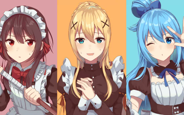 4K Ultra HD anime wallpaper featuring Megumin, Darkness, and Aqua from KonoSuba: God’s blessing on this wonderful world!! as maids against colorful backgrounds.