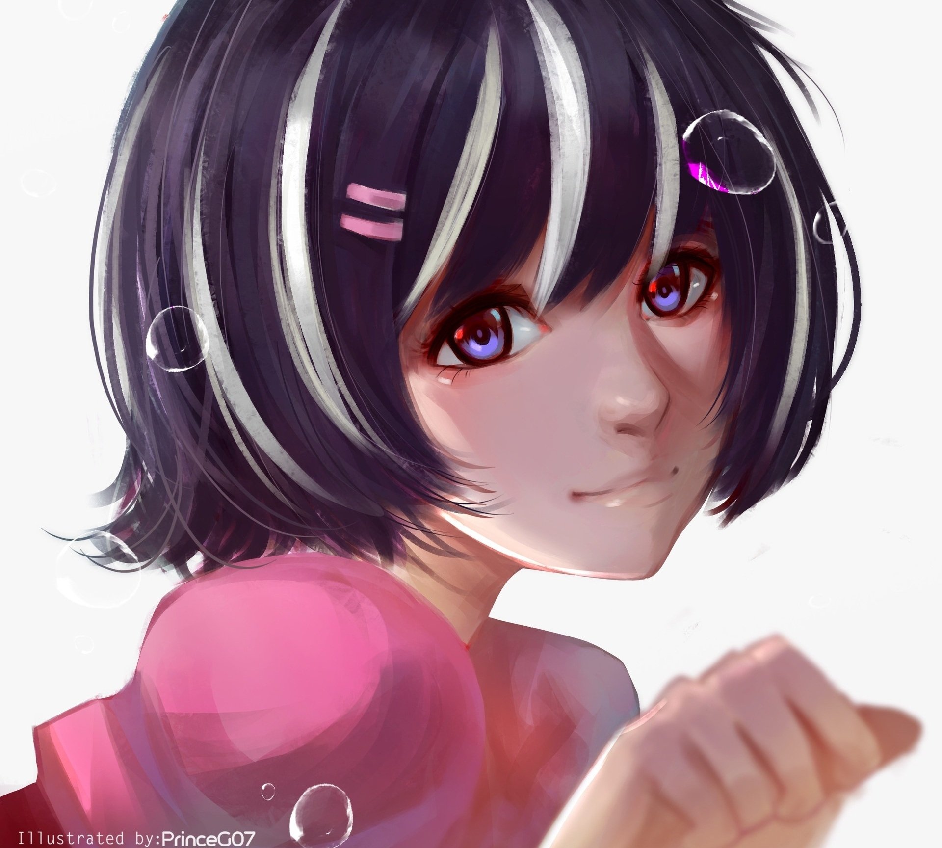 HD anime wallpaper featuring Tsubasa Hanekawa from the Monogatari series, showcasing her expressive eyes and distinctive black hair with white streaks.