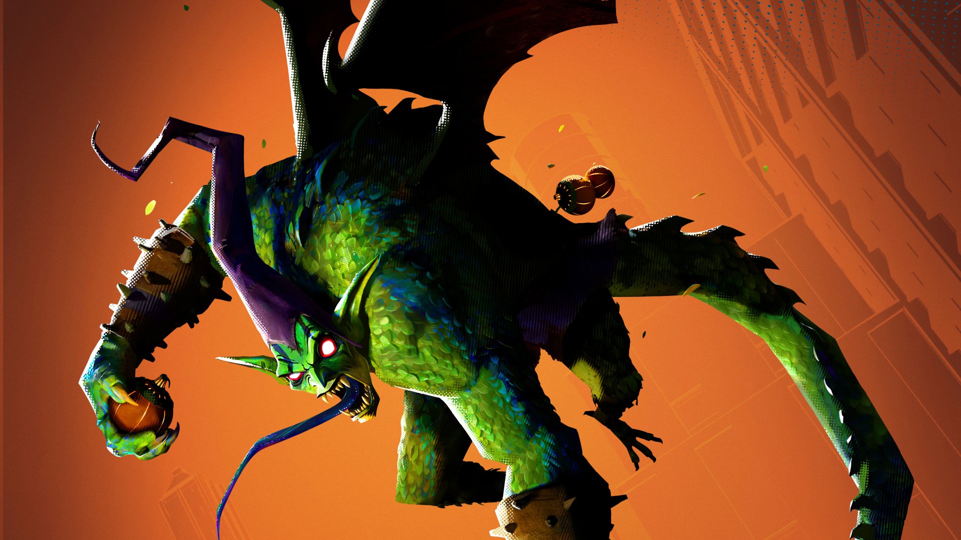 4K Ultra HD desktop wallpaper featuring the Green Goblin from the movie Spider-Man: Into The Spider-Verse, depicted with glowing eyes and dynamic pose against an orange background.