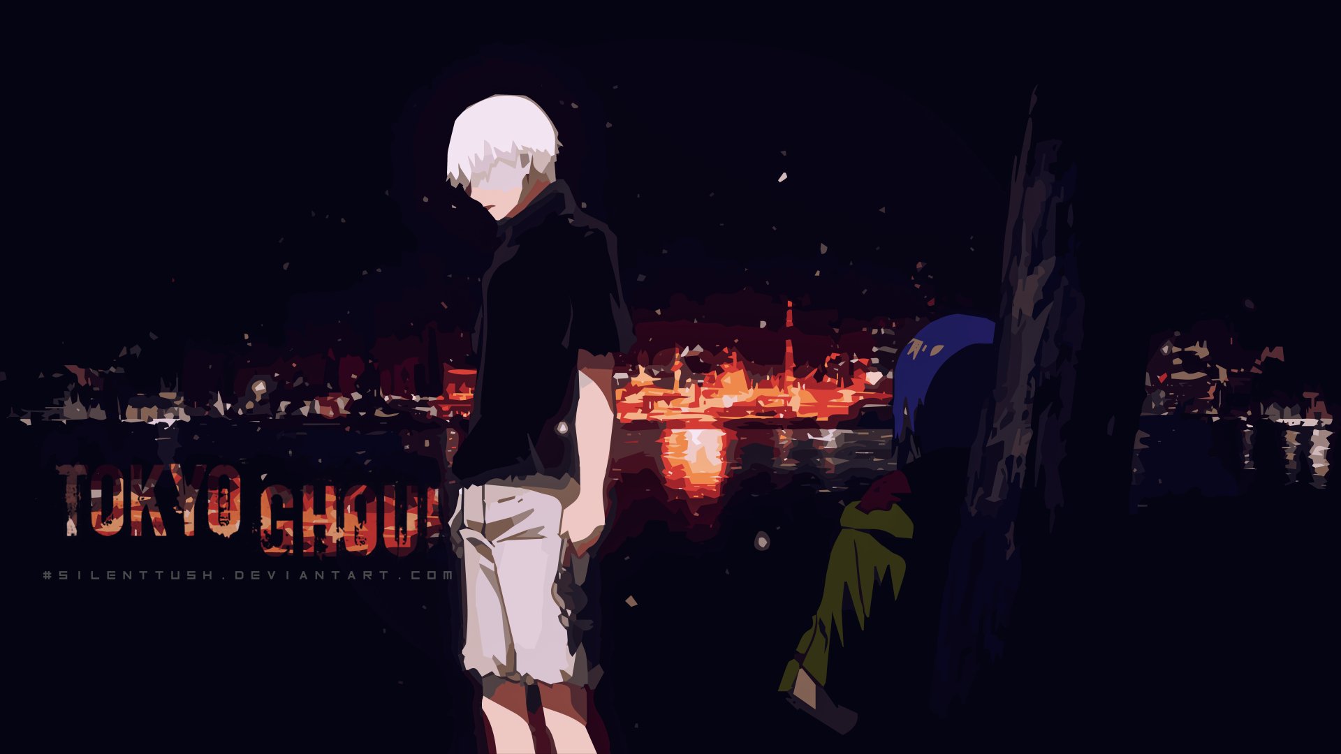 8K Ultra HD Tokyo Ghoul √A wallpaper featuring Ken Kaneki and Touka Kirishima against a dark cityscape backdrop, highlighting the anime’s moody and intense atmosphere.