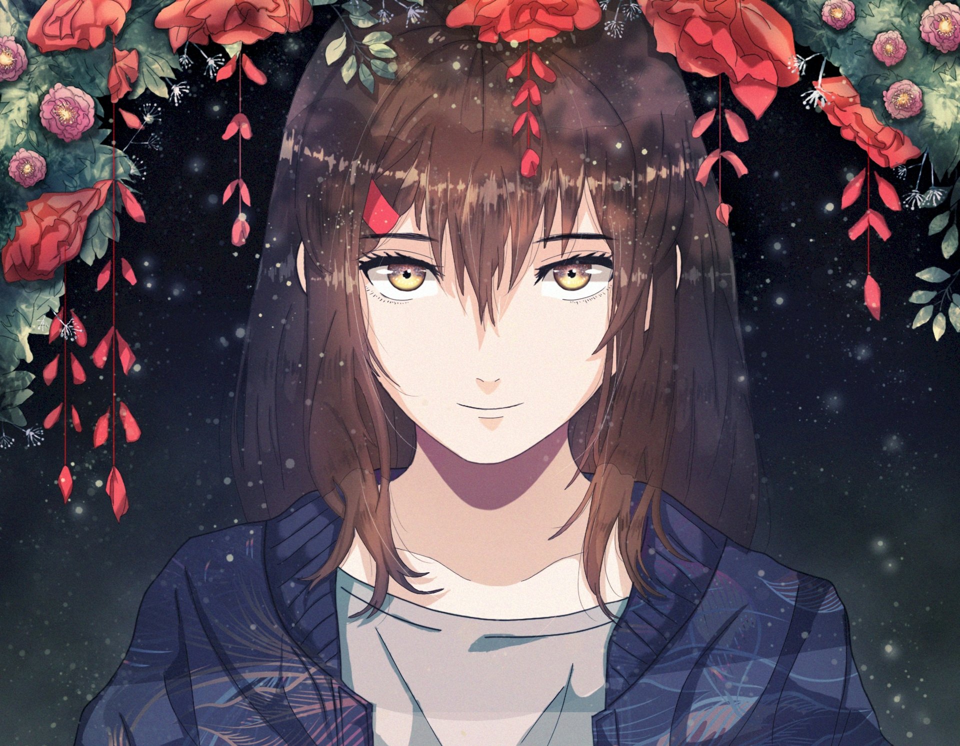 An HD anime-style desktop wallpaper featuring a smiling girl with flowers above her head against a dark, starry background.