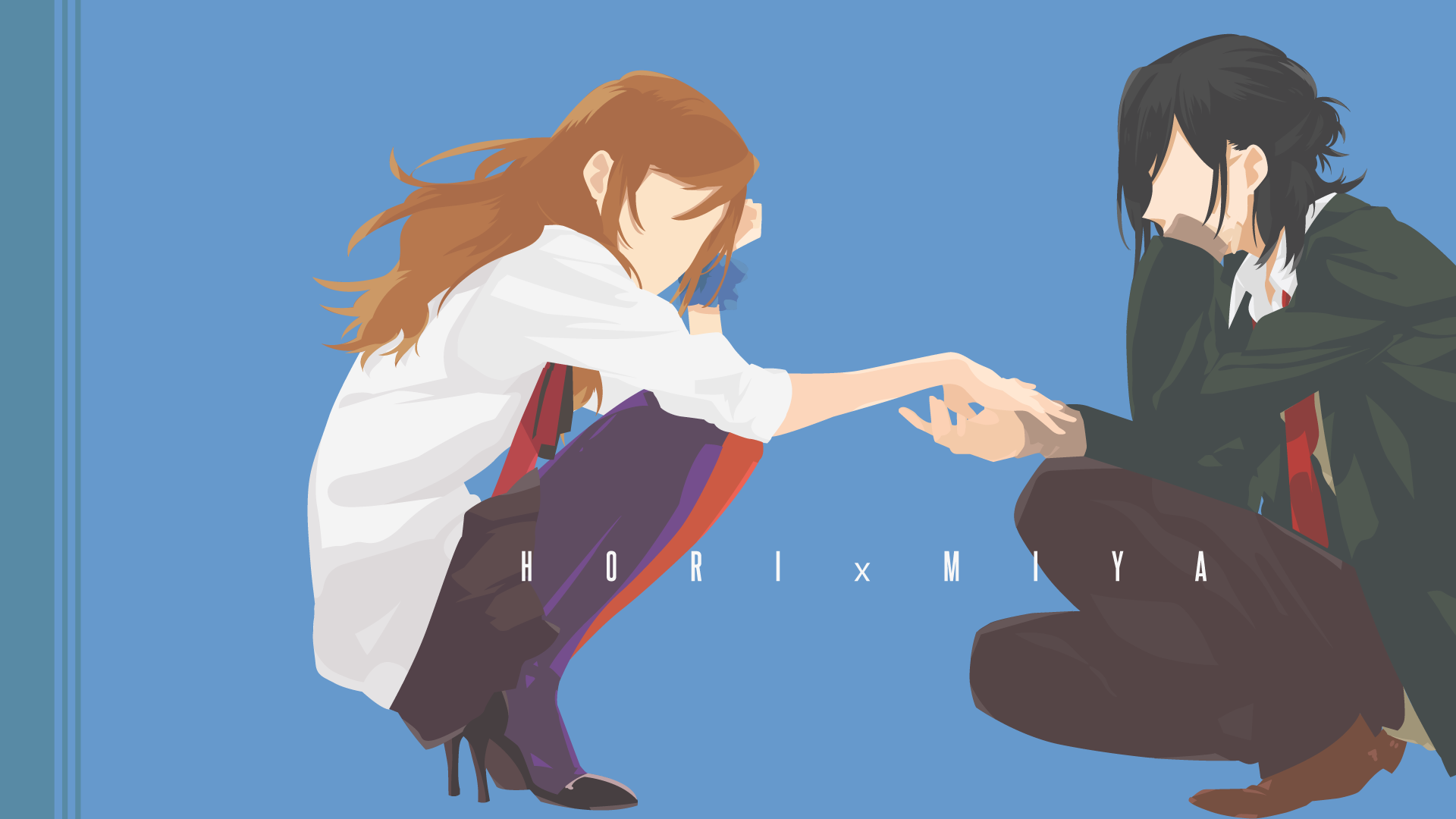Minimalist anime HD desktop wallpaper featuring Izumi Miyamura and Hori Kyouko from Hori-san To Miyamura-kun in a soft, simple style against a blue background.